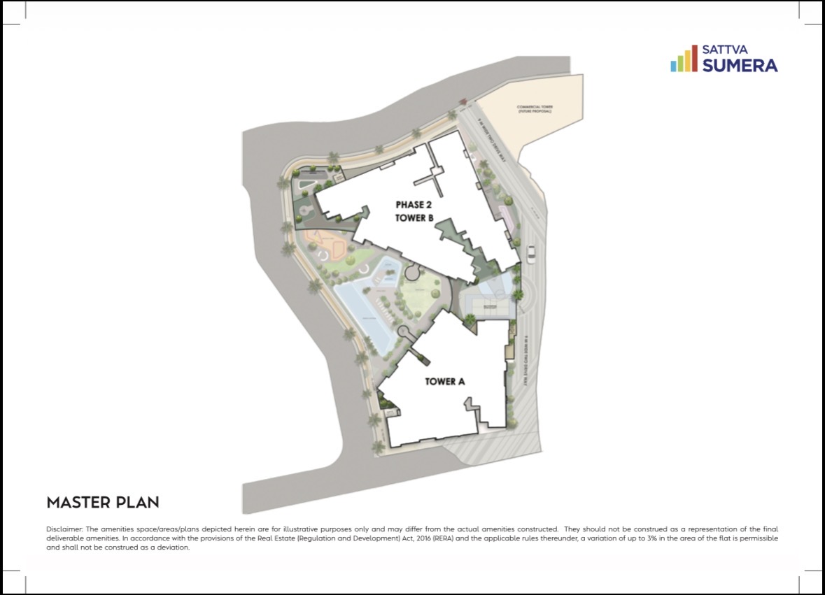 Sattva Sumera master plan — Tower A, Phase 2 Tower B, amenities deck